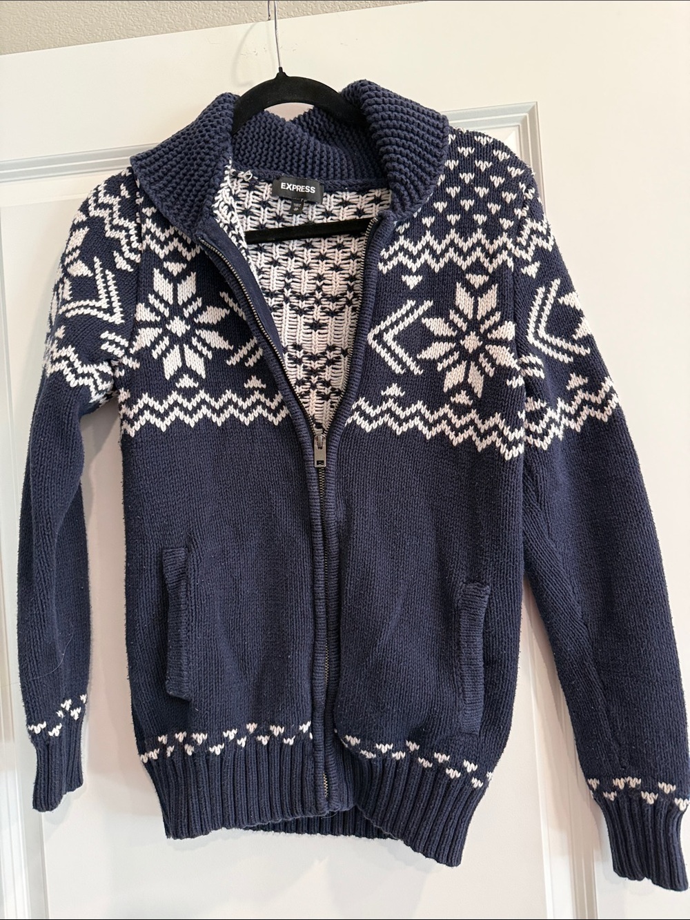 Express Navy and White Fair Isle Zip-Up Cardigan Sweater sz xs